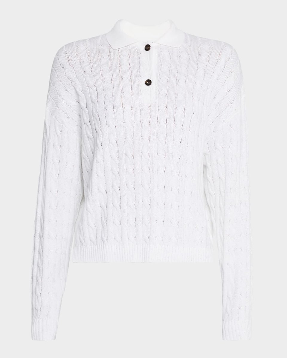 Micro Sequined Double Cable-Knit Polo Sweat